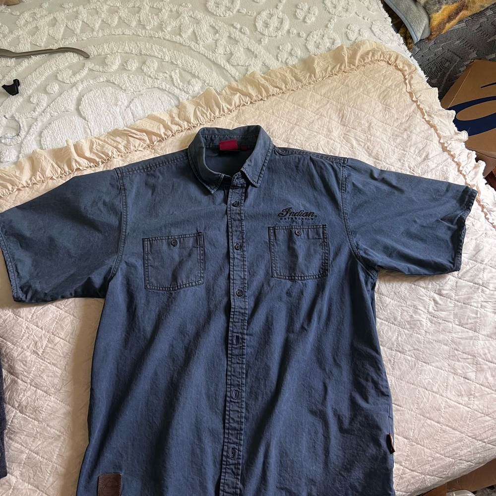Indian Motorcycle Wear 100% Cotton Blue Casual Button Down Shirt